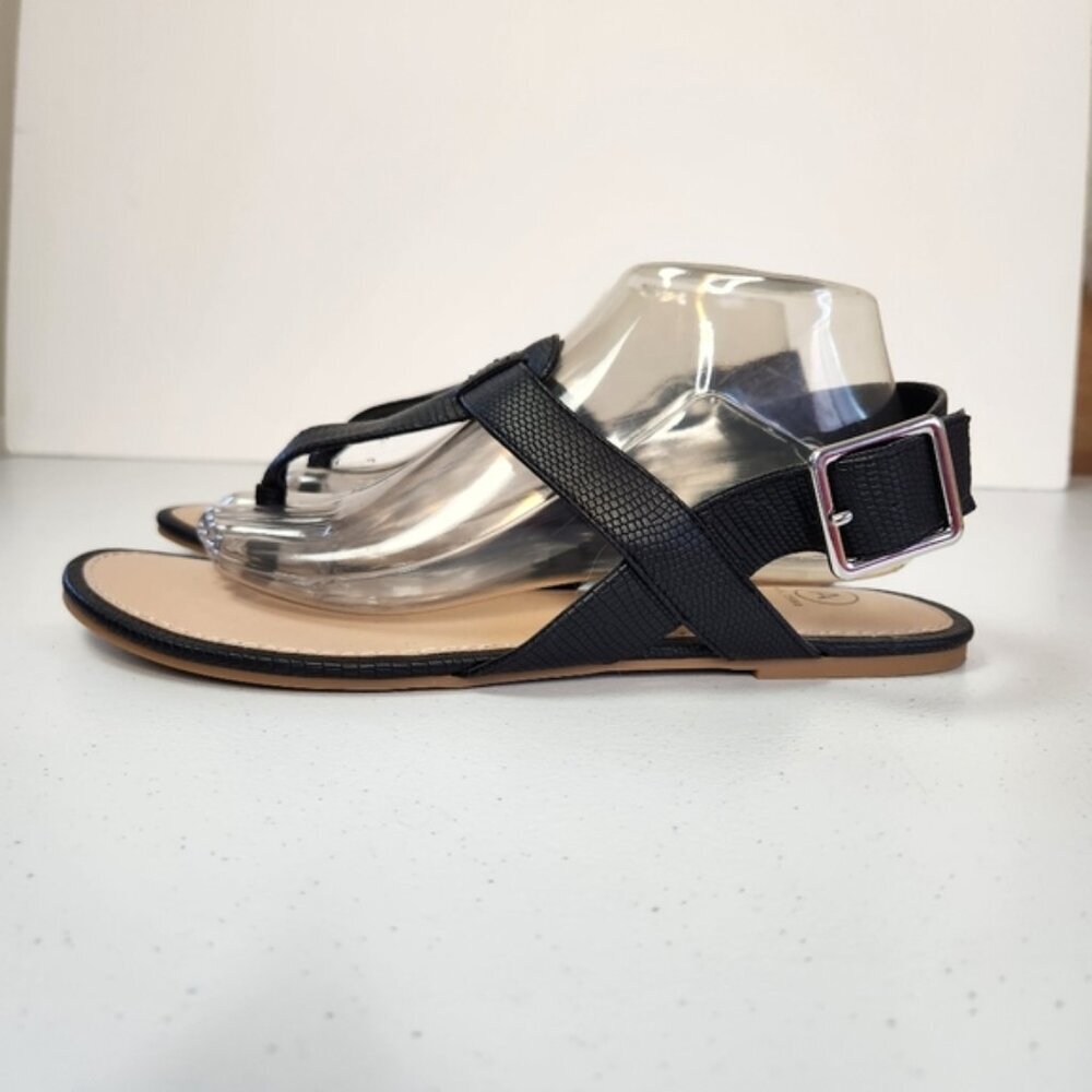 Addition Elle Black Faux Leather Strappy Thong Sandals Shoes Womens Size 10 Wide